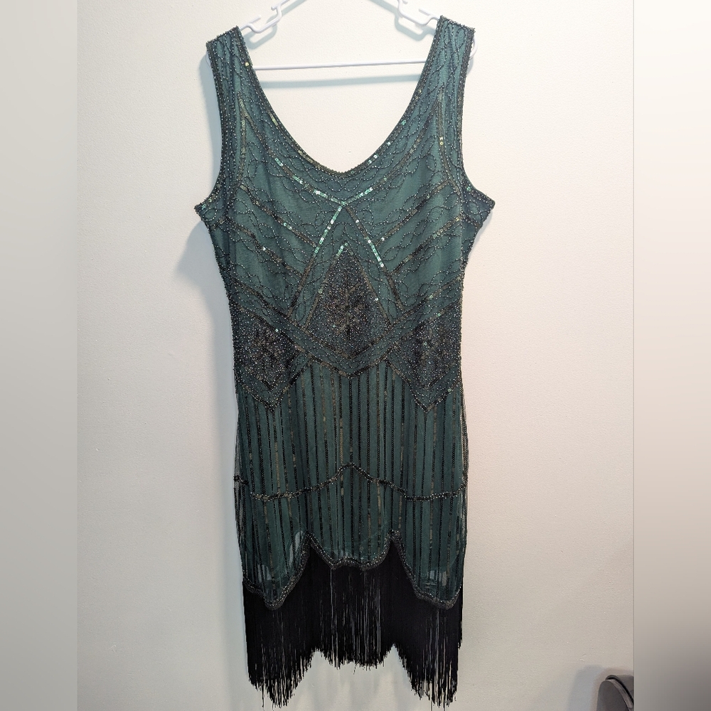 Fundaisy Flapper Roaring 20's Gatsby Green Beaded Midi Dress 5XL 16/18 Party